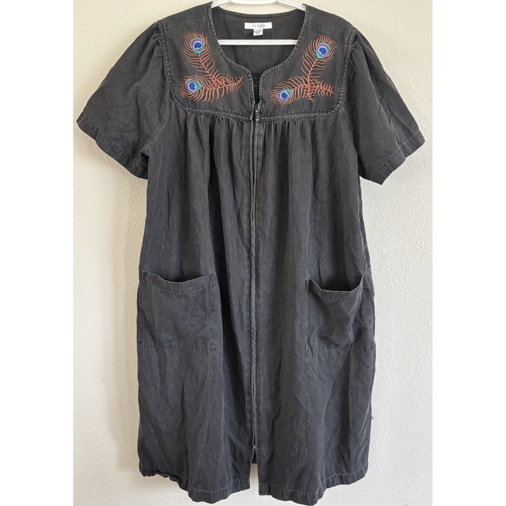 Go Softly Patio Peacock Embroidered Zip Front Dress Womens XL Gray Cotton
